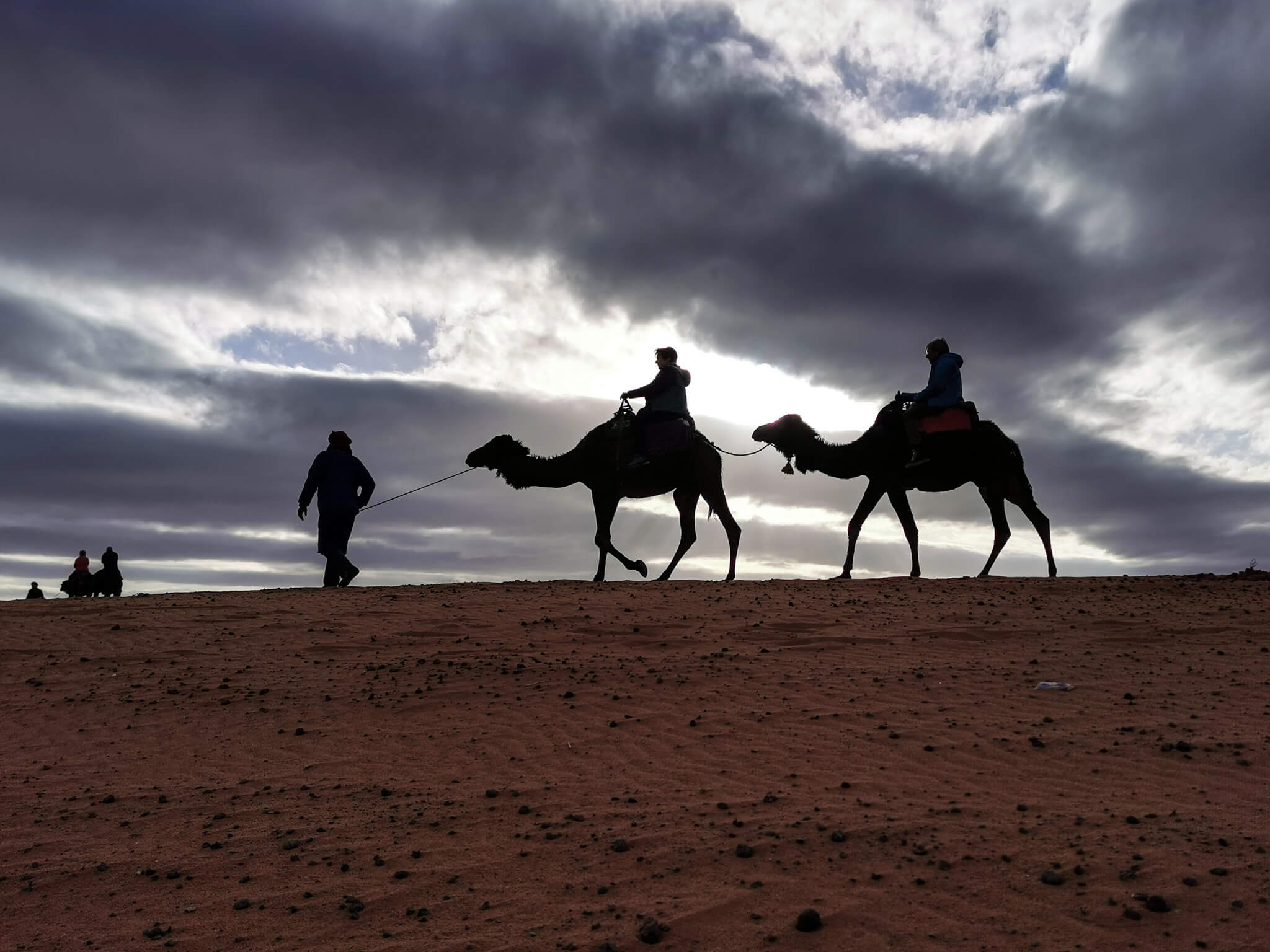 Eine silhouetteartige Szene mit Kamelen und Reitern vor einem bewölkten Himmel in der Wüste.