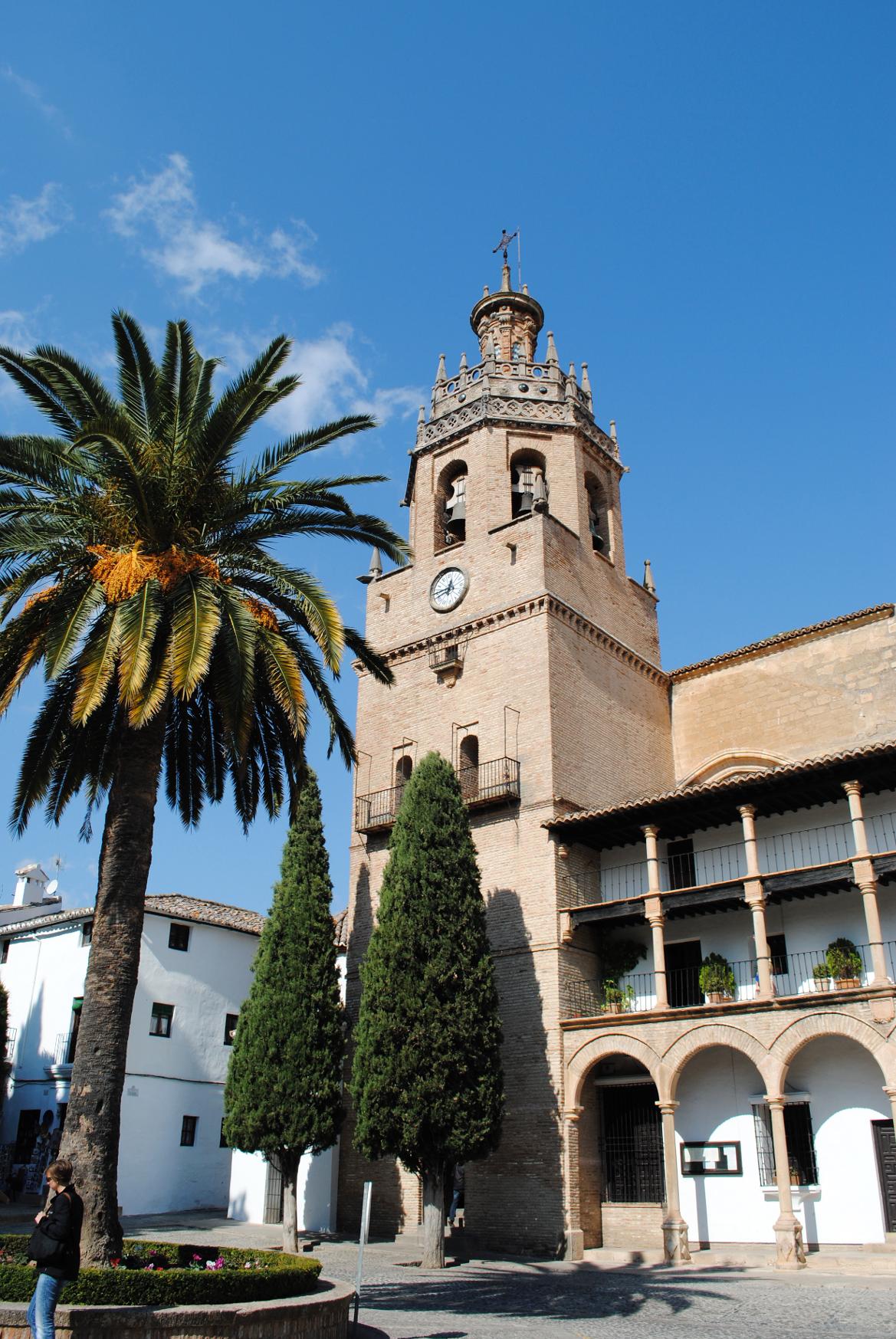 Ein schöner Platz mit Palmen und einem historischen Turm unter blauem Himmel. Ideal für einen Spaziergang.