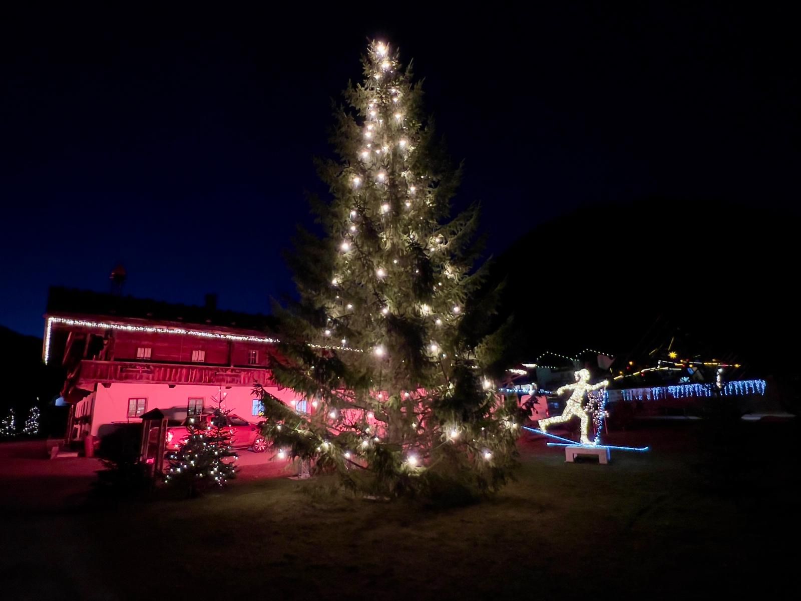 Ein festlich geschmückter Weihnachtsbaum leuchtet in der Nacht vor einem gemütlichen Haus mit Lichtern.