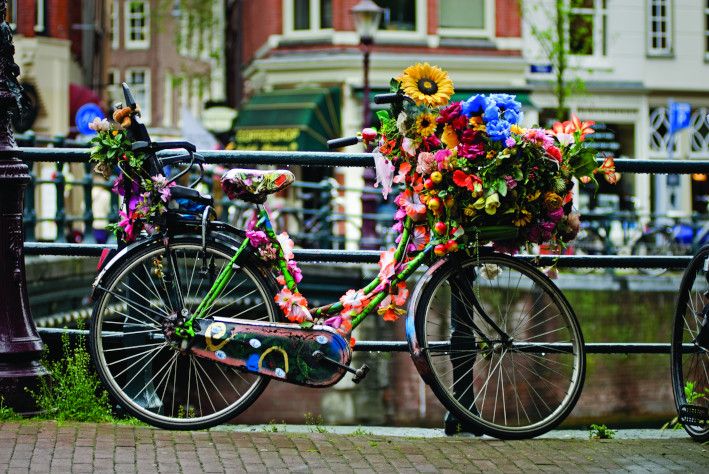 Ein farbenfrohes Fahrrad, geschmückt mit Blumen, steht an einem Kanal in Amsterdam. Eine kreative Dekoration!