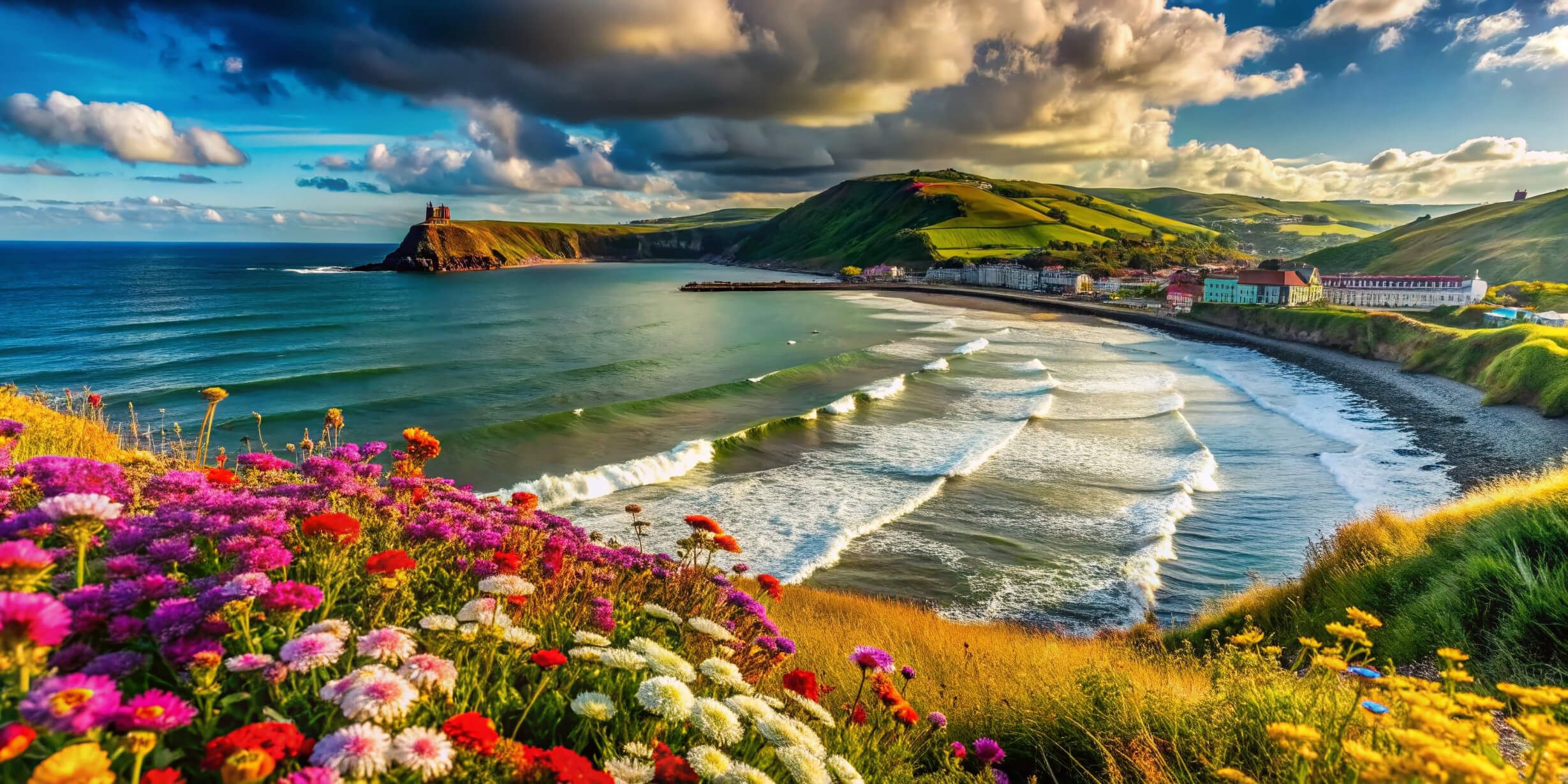 Eindrucksvolle Küstenlandschaft mit bunten Blumen, sanften Wellen und dramatischem Himmel. Einladende, malerische Szenerie.