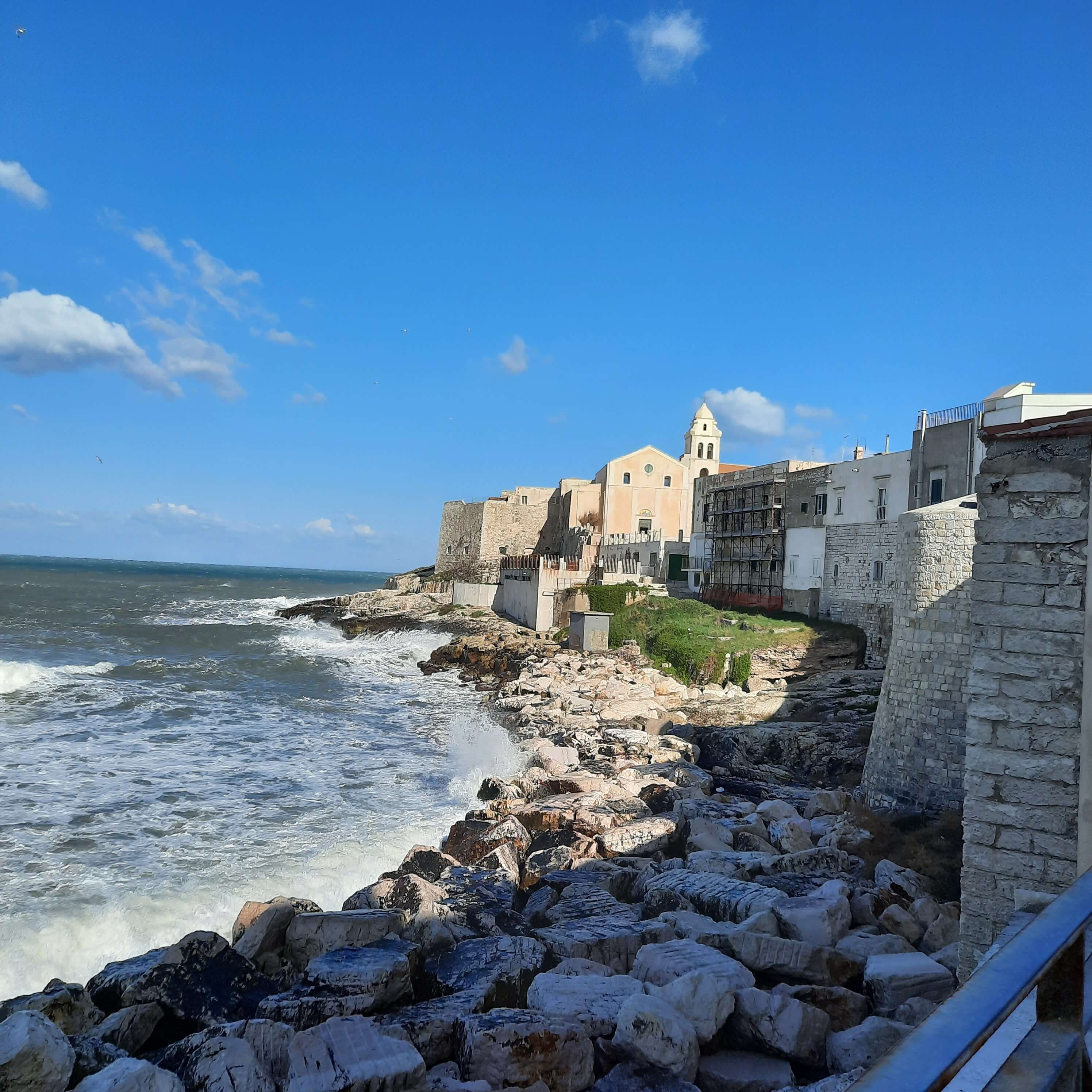 Küstenansicht mit Wellen, historischen Gebäuden und blauem Himmel, ideal für einen entspannten Tag am Meer.