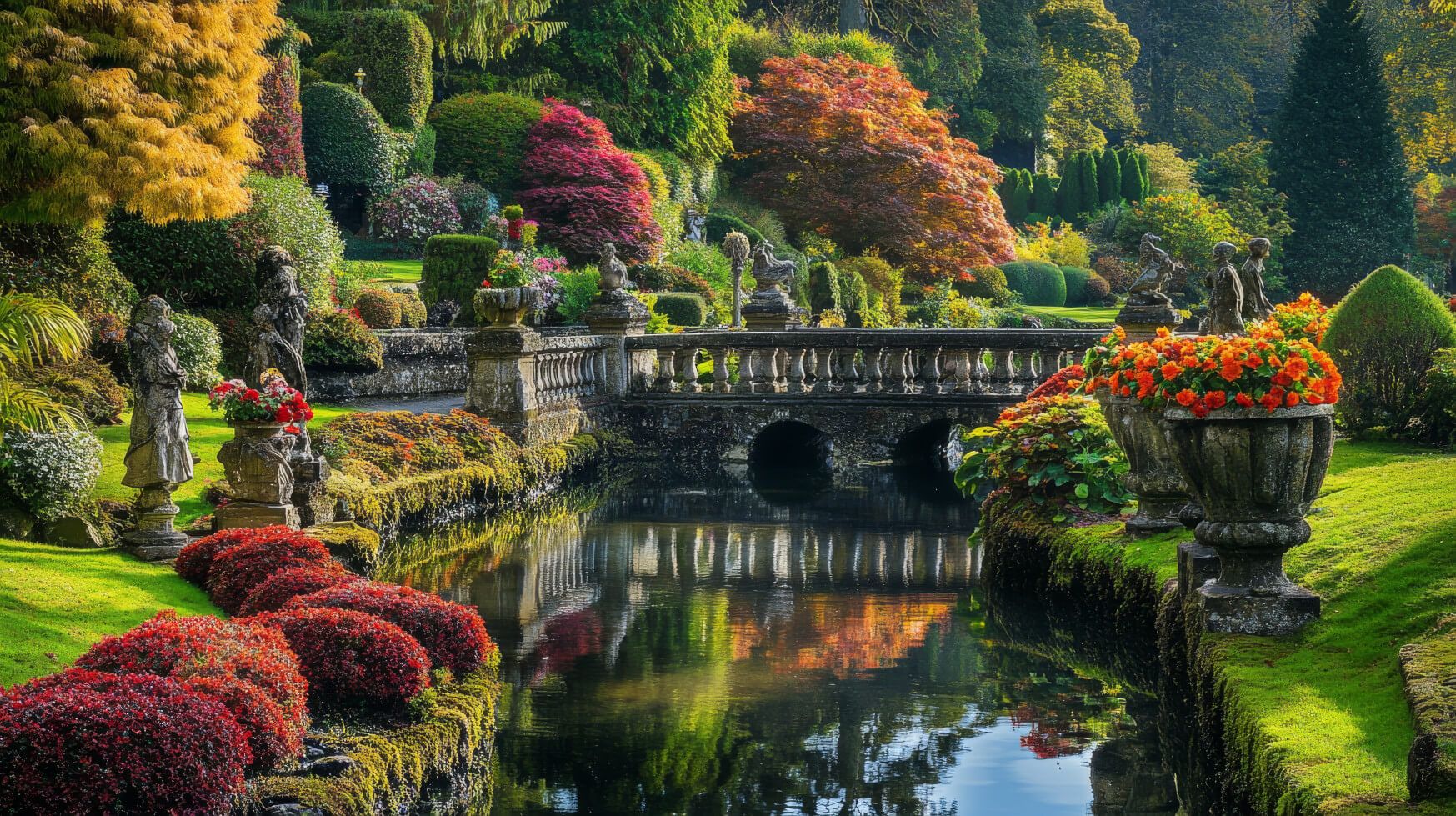Ein malerischer Garten in Wales mit bunten Blumen, Statuen und einem ruhigen Teich, umgeben von herbstlichen Bäumen.