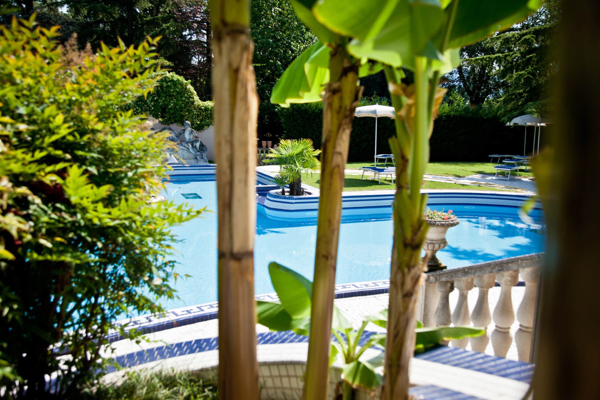 Ein einladender Pool umgeben von Pflanzen und Bäumen, mit Liegestühlen und Sonnenschirmen im Hintergrund.