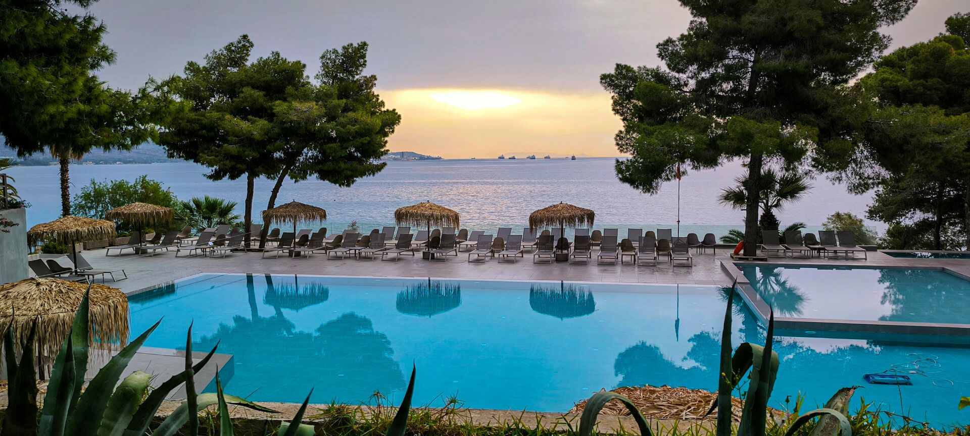 Ein Poolblick über das Wasser, umgeben von Liegen und Palmen, unter einem bewölkten Himmel. Entspannte Urlaubsatmosphäre.