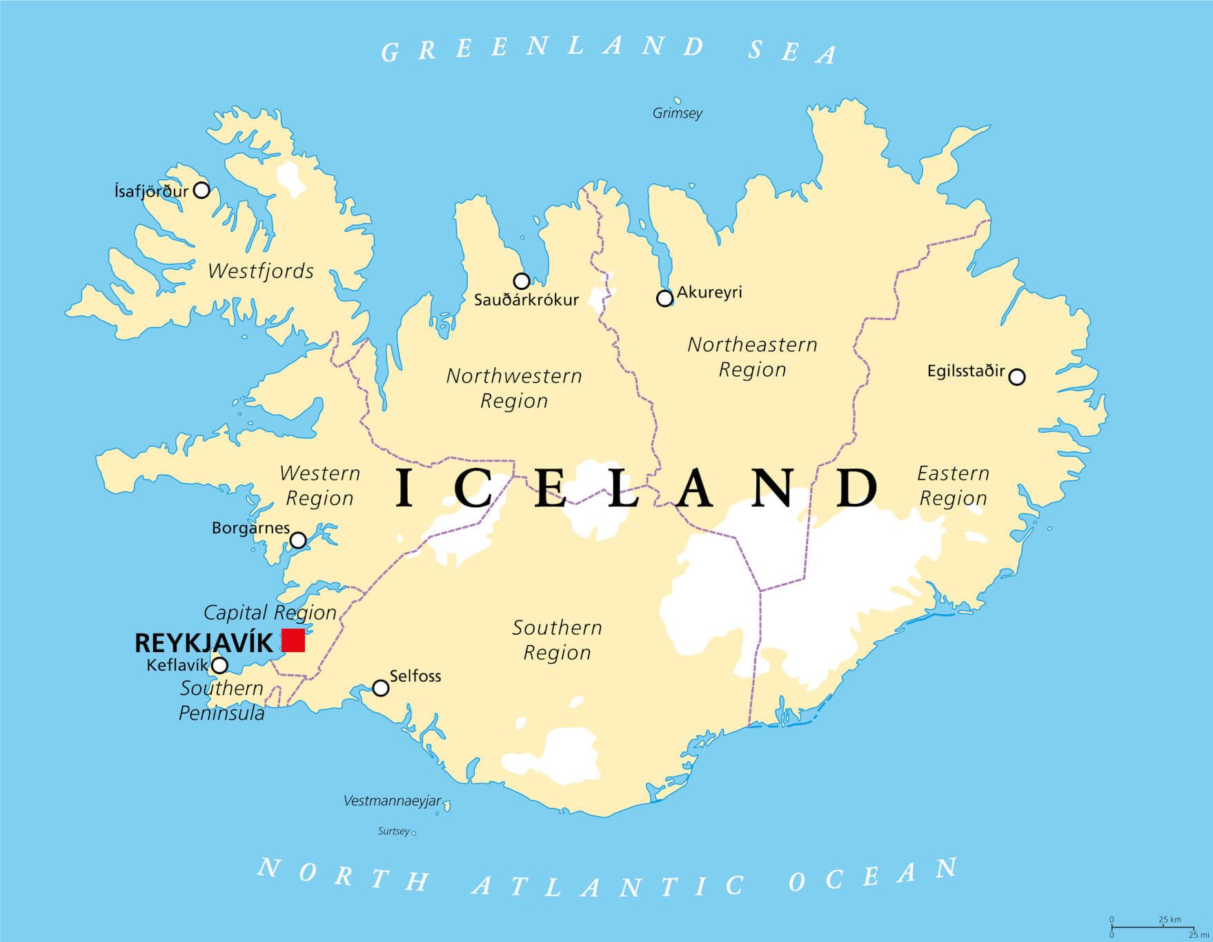 Karte von Island mit den Hauptregionen und Städten, einschließlich Reykjavík im Westen.