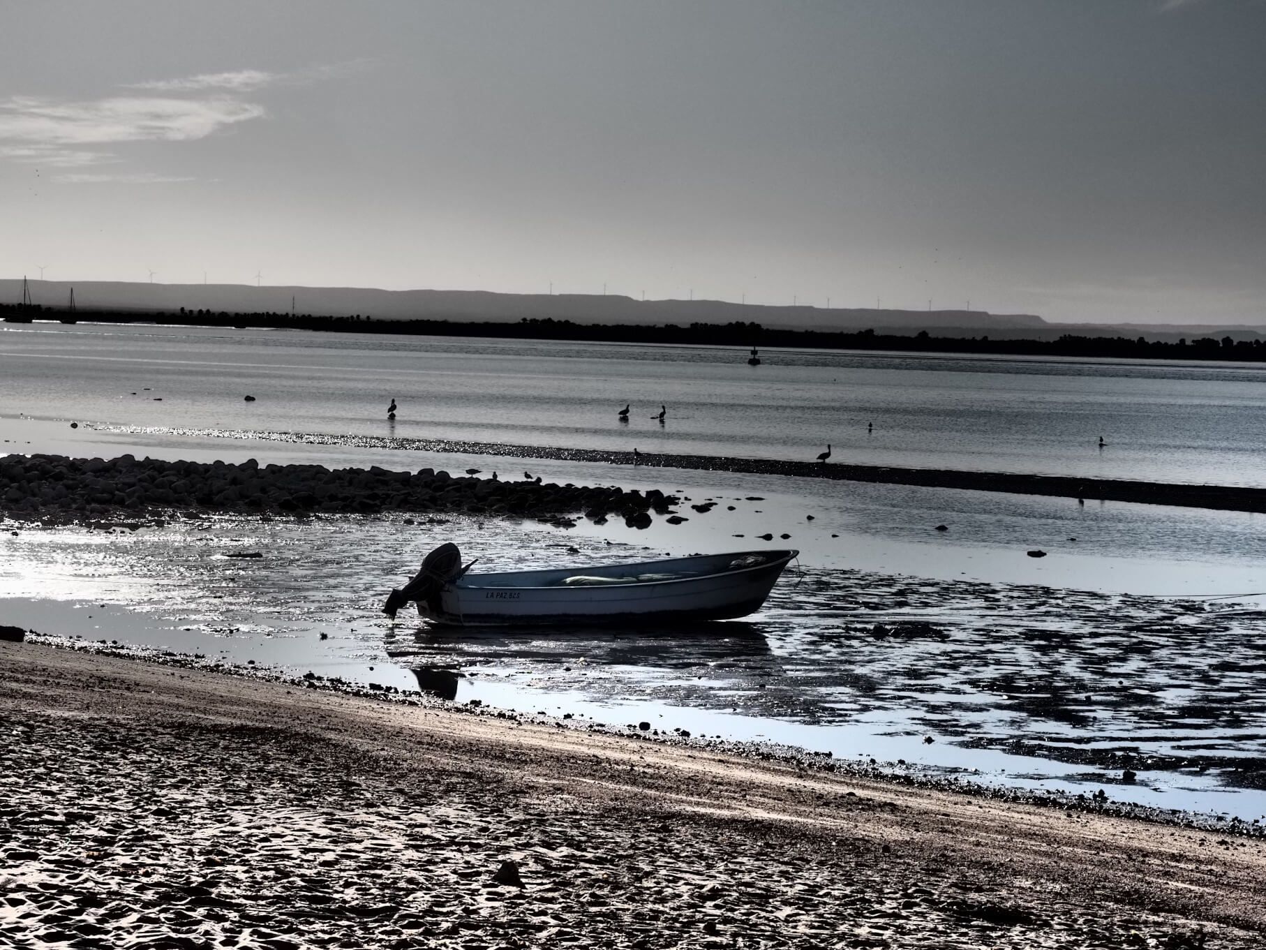 Ein Boot liegt still am Ufer, umgeben von Wasser und Vögeln, während die Sonne in der Ferne untergeht.