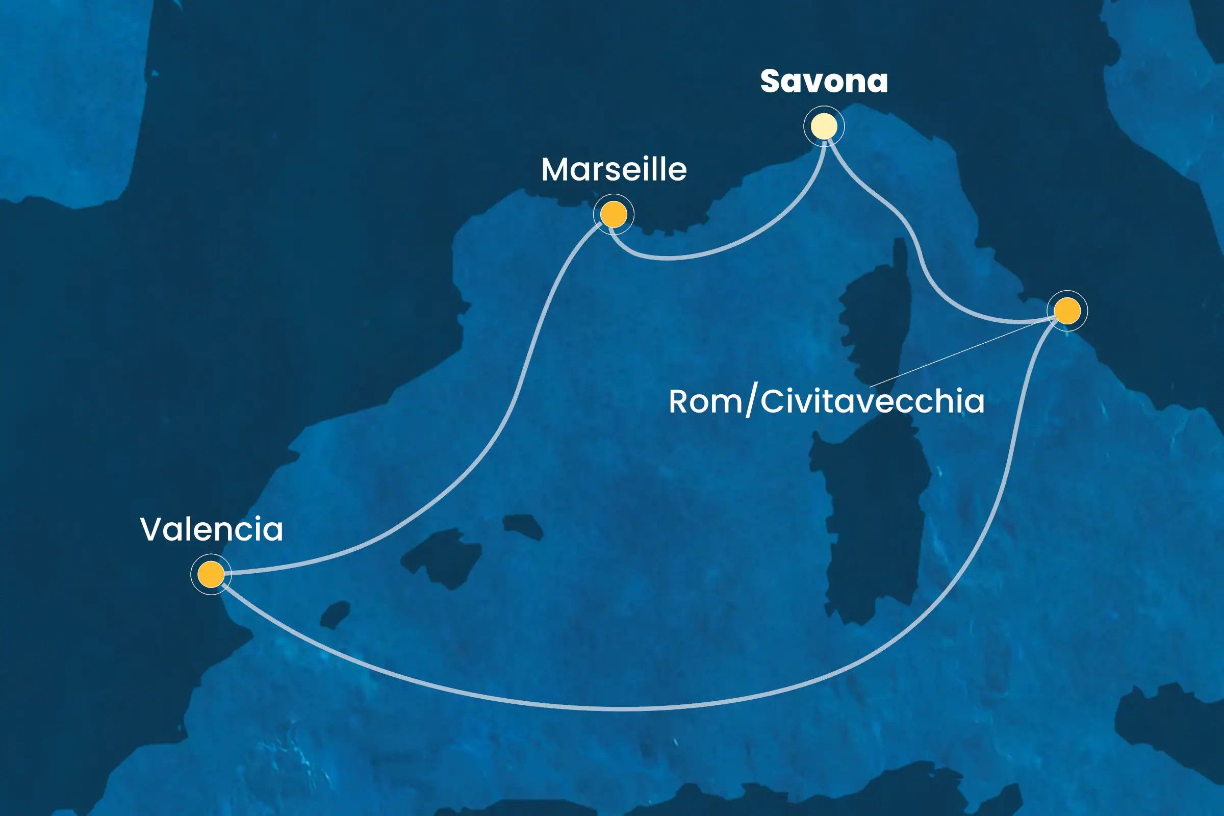 Karte mit Seeweg von Valencia über Marseille, Savona und Rom/Civitavecchia.