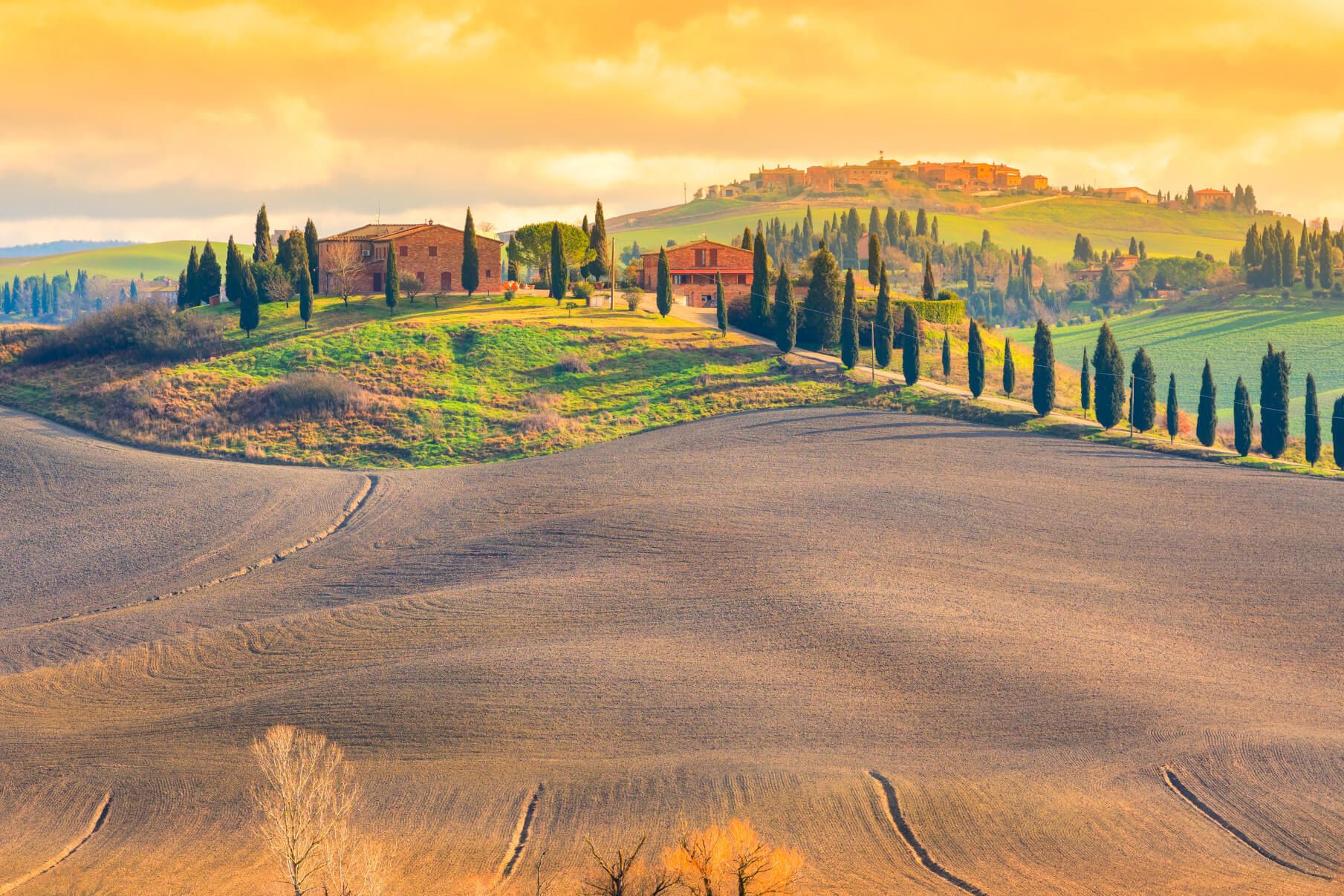 Sanfte Hügel mit Zypressen, Bauernhäusern und goldenem Licht im toskanischen Landschaftsbild.