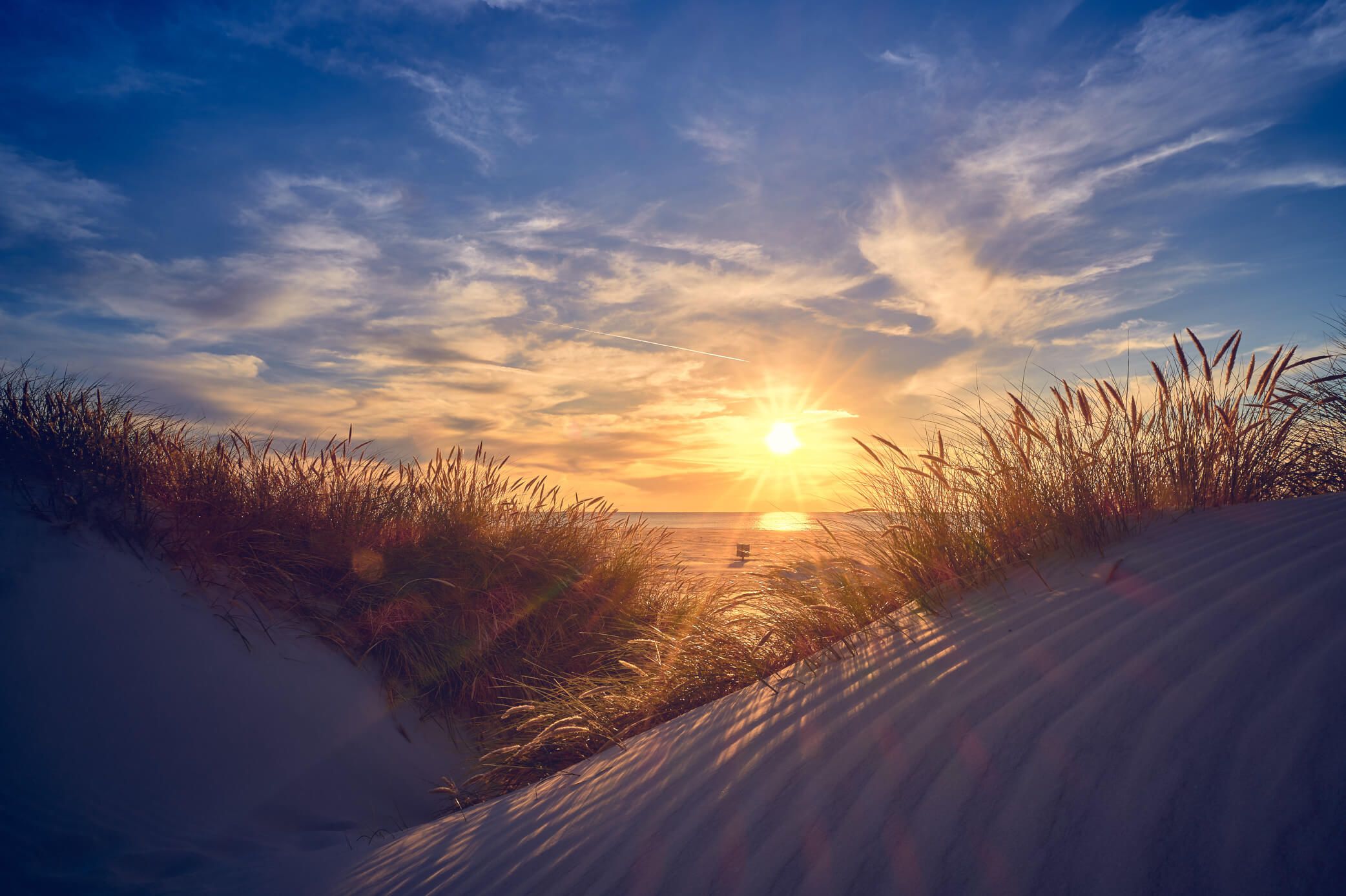 Sonnenuntergang über dem Meer, grüne Sträucher in den Dünen, sanfte Wellen und ein malerischer Himmel.